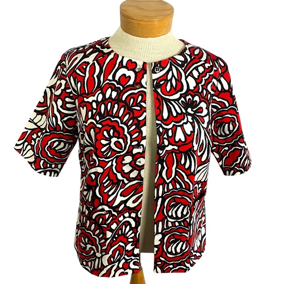 WD•NY Red Black White Floral, Short Sleeve Jacket Sz 10 - Picture 3 of 9